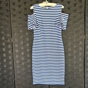 Calvin Klein Navy and White Striped Midi Dress - Size 10